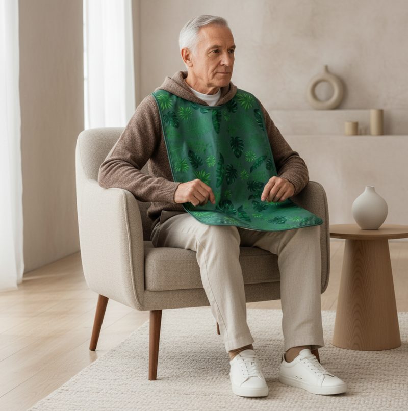 Homme installé dans un fauteuil avec son bavoir